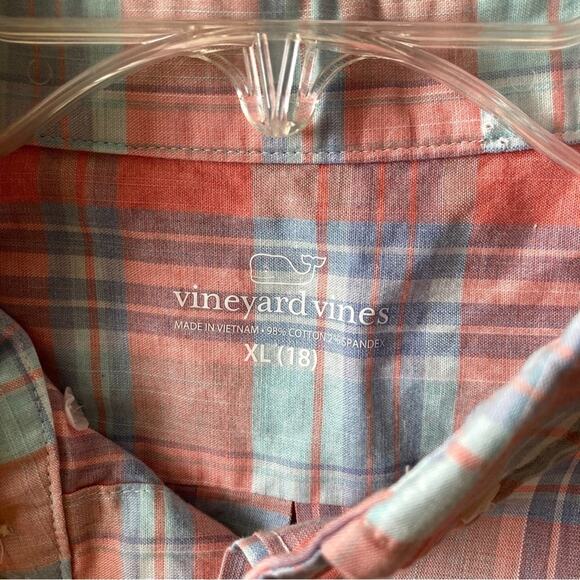 Vineyard Vines Boys XL Plaid Stretch Shirt Peach Blue - Picture 5 of 9